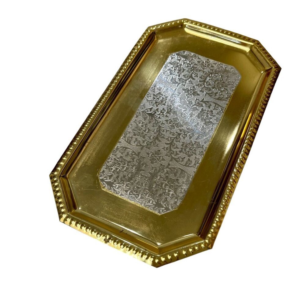 Rare Indian 5 Pc Gold and Silver Flashed Metal Sauce Set in Velvet Box Vintage - Picture 8 of 12